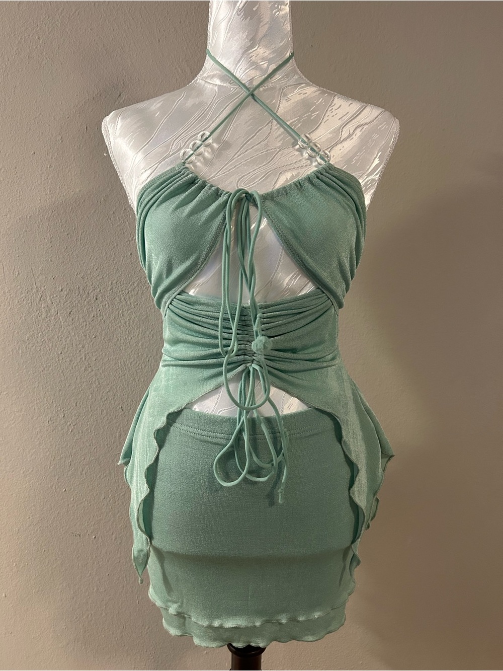 SHEIN Mint Green Tie-Front Cutout Halter Mini Dress